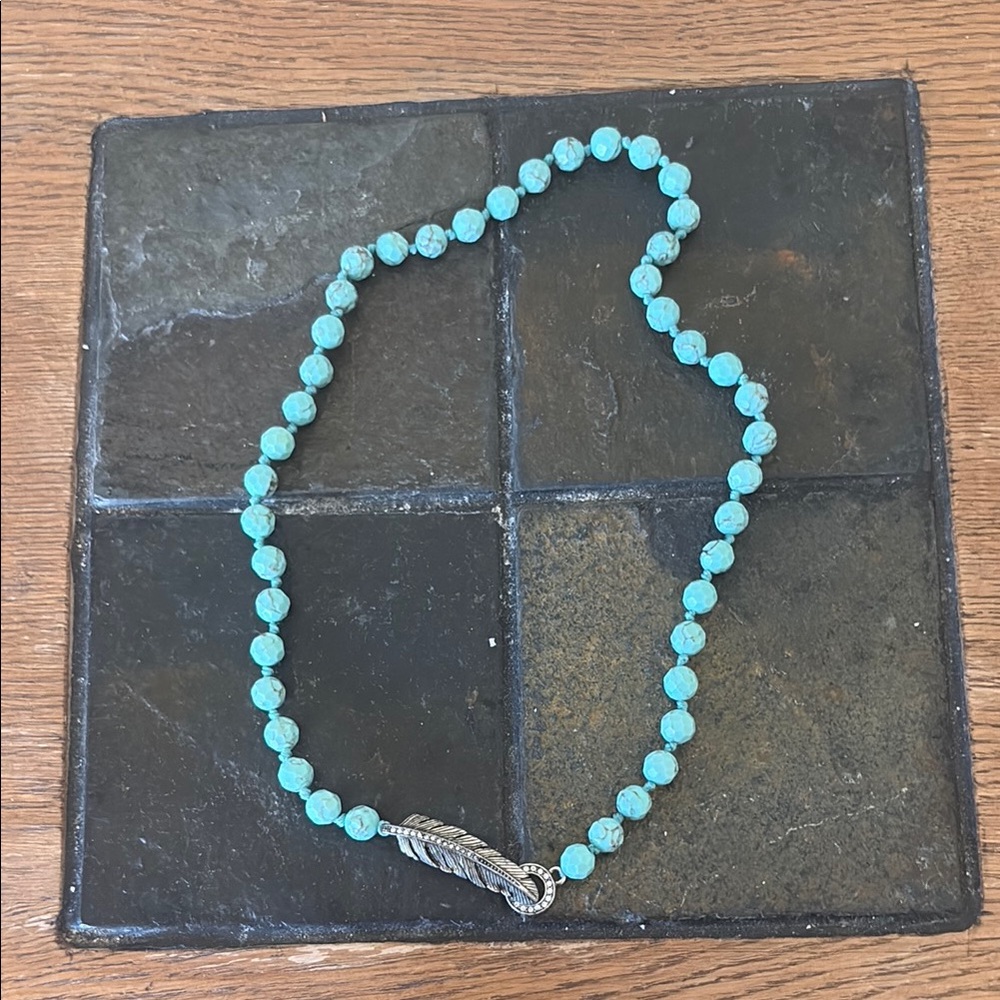 Turquoise Beaded Necklace with Silver Feather Clasp Fossil Jewelry
